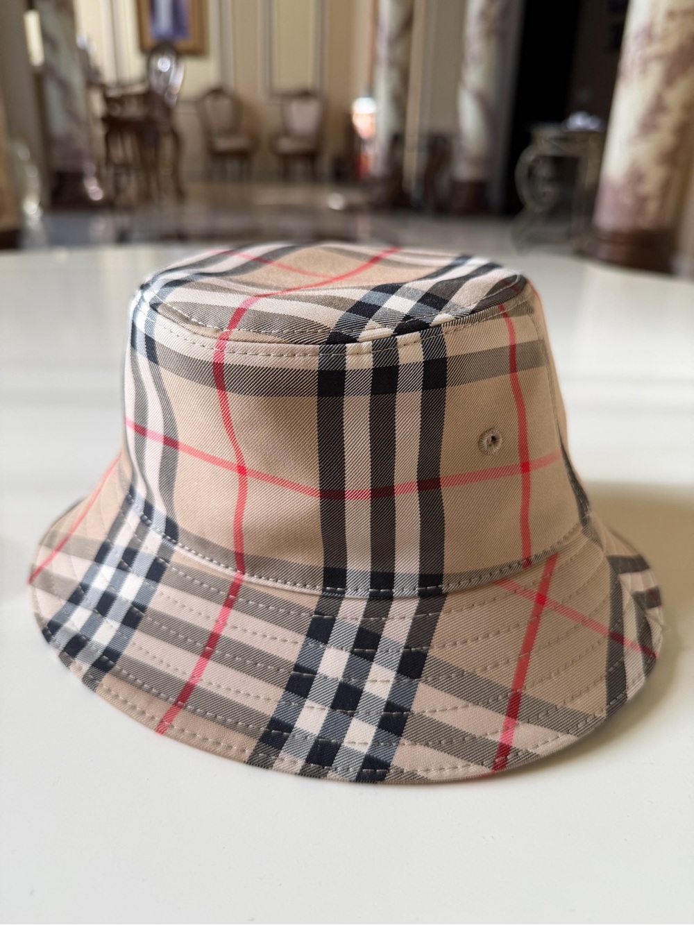 Burberry Beige Plaid Kids Bucket Hat with Black and Red Checks